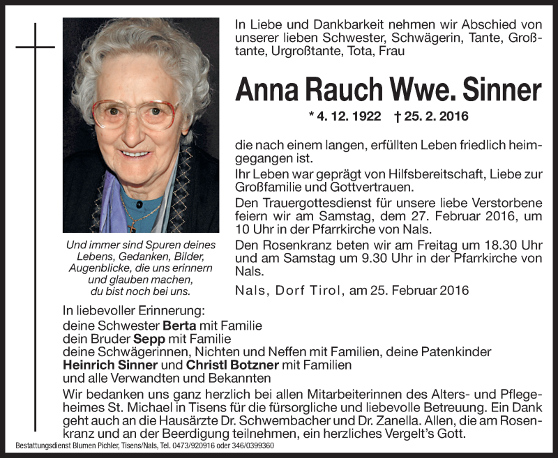  Traueranzeige für Anna Sinner vom 26.02.2016 aus Dolomiten
