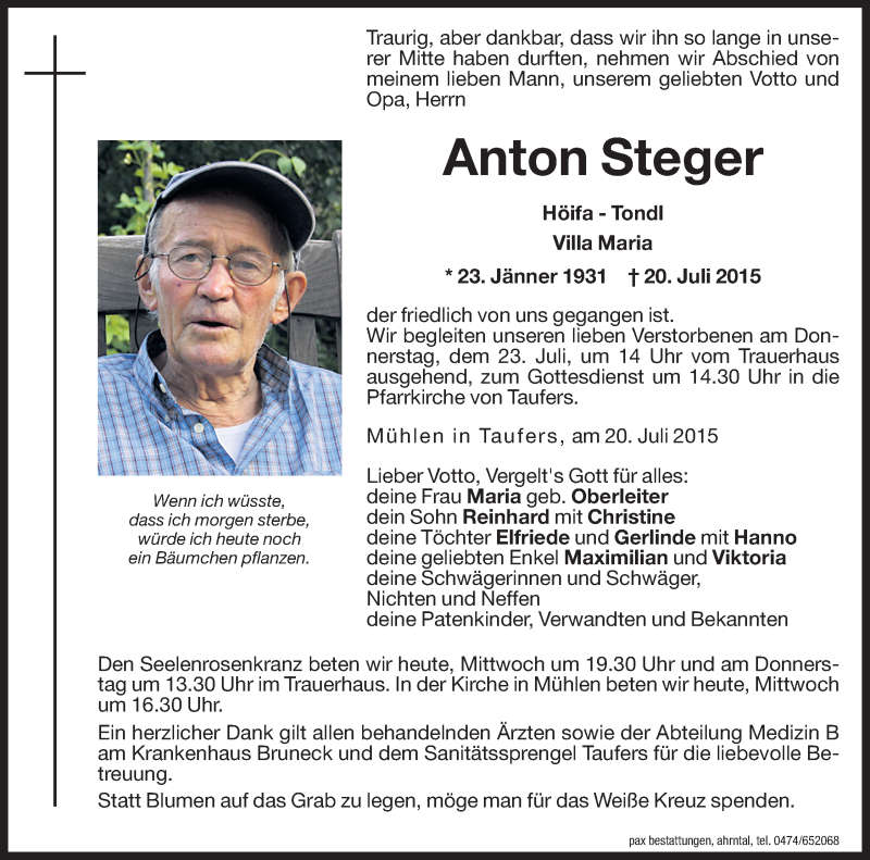  Traueranzeige für Anton Steger vom 22.07.2015 aus Dolomiten