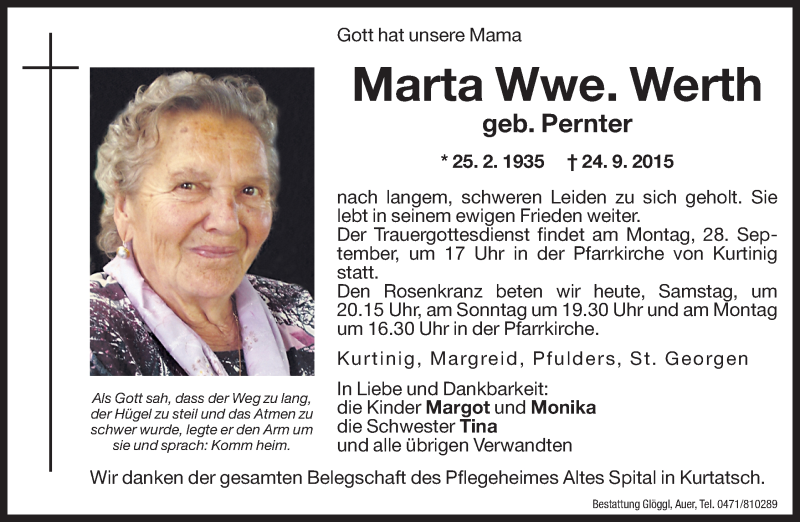  Traueranzeige für Marta Werth vom 26.09.2015 aus Dolomiten