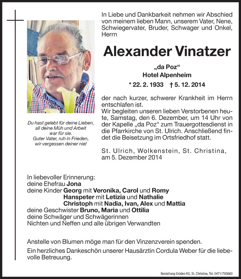  Traueranzeige für Alexander Vinatzer vom 06.12.2014 aus Dolomiten