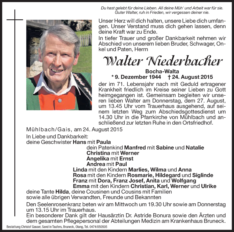  Traueranzeige für Walter Niederbacher vom 26.08.2015 aus Dolomiten