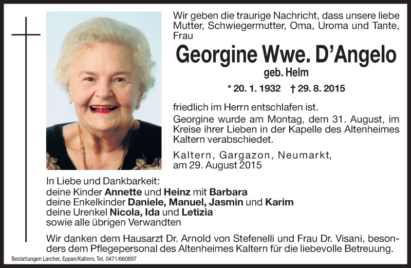  Traueranzeige für Georgine D'Angelo vom 04.09.2015 aus Dolomiten