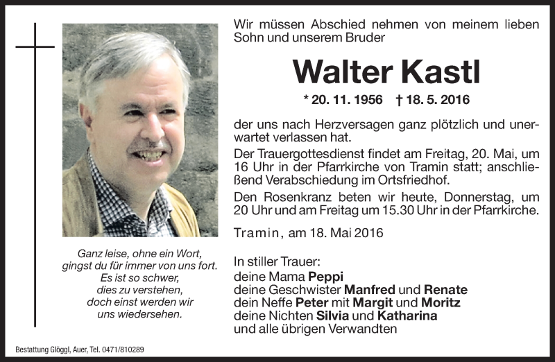  Traueranzeige für Walter Kastl vom 19.05.2016 aus Dolomiten