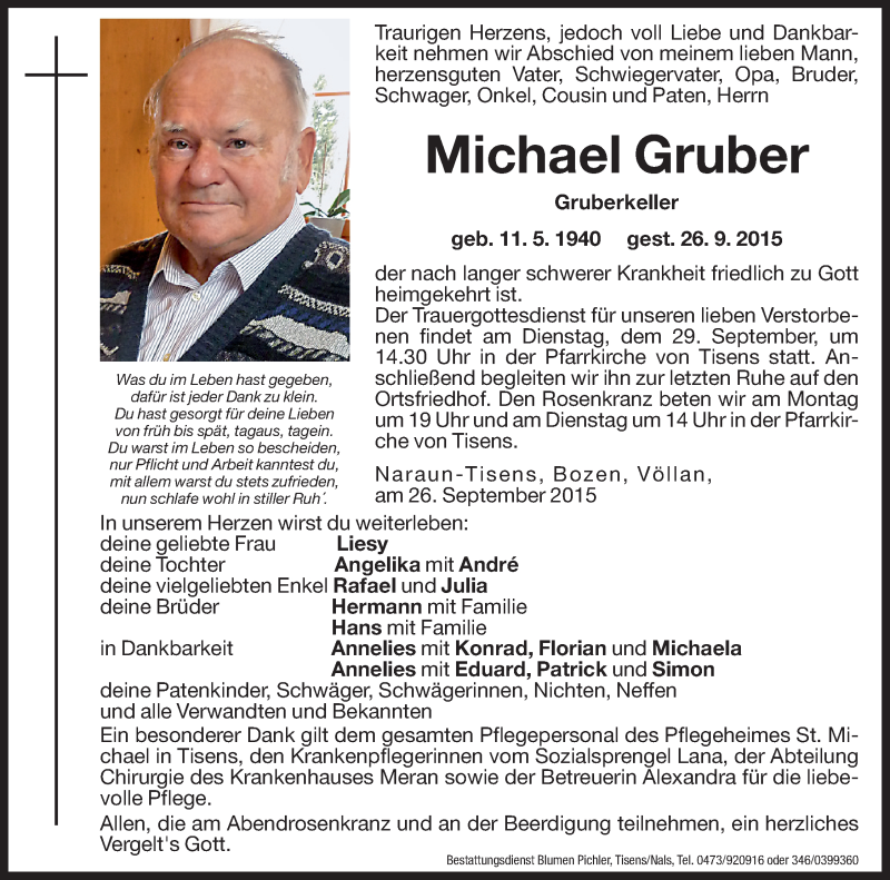  Traueranzeige für Michael Gruber vom 28.09.2015 aus Dolomiten