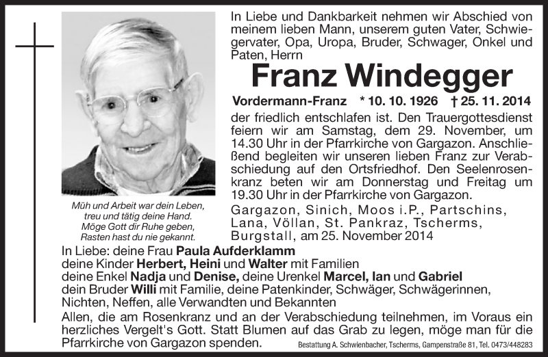  Traueranzeige für Franz Windegger vom 26.11.2014 aus Dolomiten