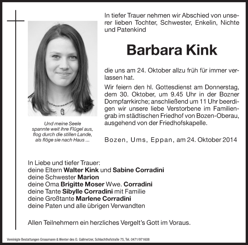 Traueranzeige für Barbara Kink vom 28.10.2014 aus Dolomiten