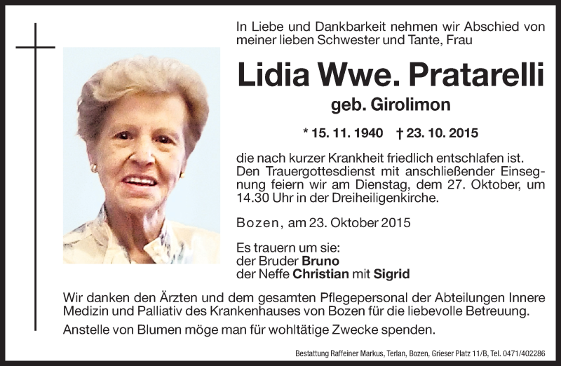  Traueranzeige für Lidia Pratarelli vom 24.10.2015 aus Dolomiten