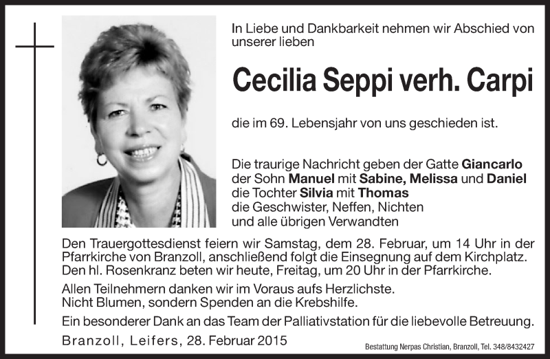  Traueranzeige für Cecilia Carpi vom 27.02.2015 aus Dolomiten