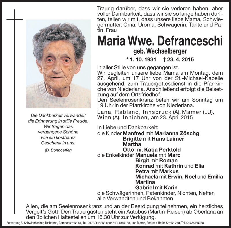  Traueranzeige für Maria Defranceschi vom 24.04.2015 aus Dolomiten