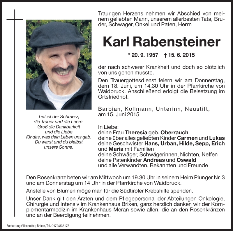  Traueranzeige für Karl Rabensteiner vom 17.06.2015 aus Dolomiten