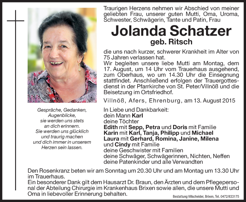  Traueranzeige für Jolanda Schatzer vom 14.08.2015 aus Dolomiten