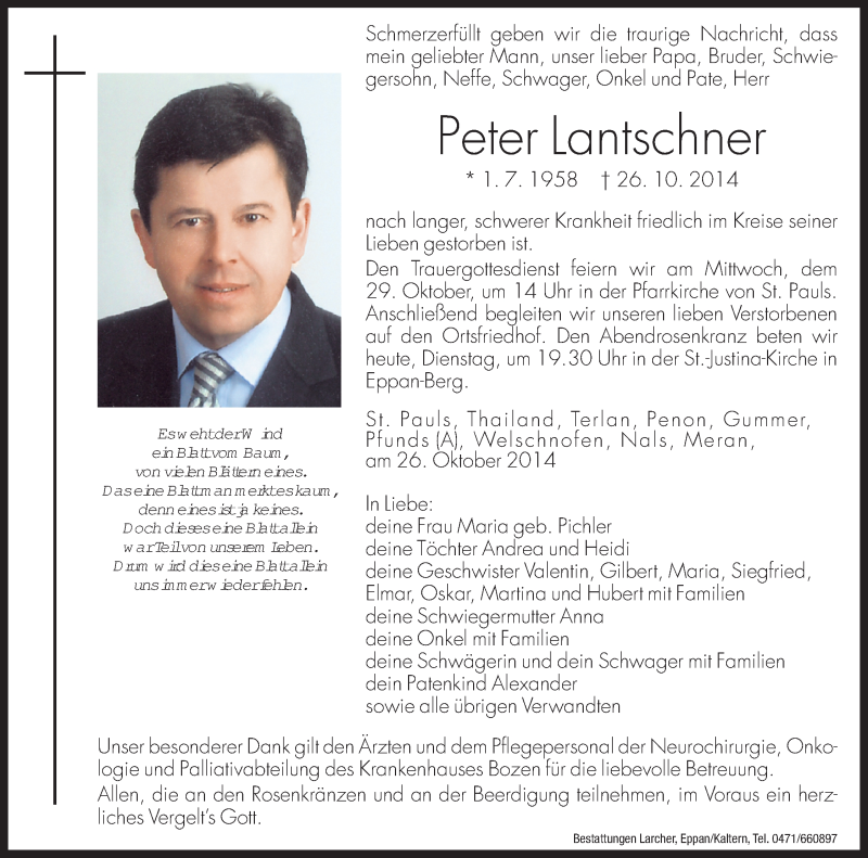  Traueranzeige für Peter Lantschner vom 28.10.2014 aus Dolomiten