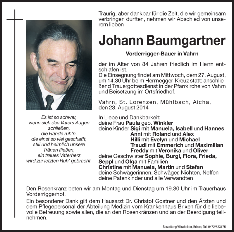  Traueranzeige für Johann Baumgartner vom 25.08.2014 aus Dolomiten
