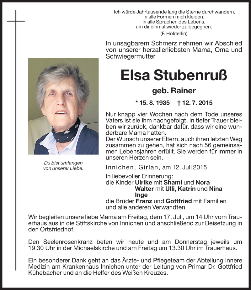  Traueranzeige für Elsa Stubenruß vom 15.07.2015 aus Dolomiten