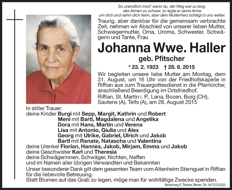  Traueranzeige für Johanna Haller vom 31.08.2015 aus Dolomiten