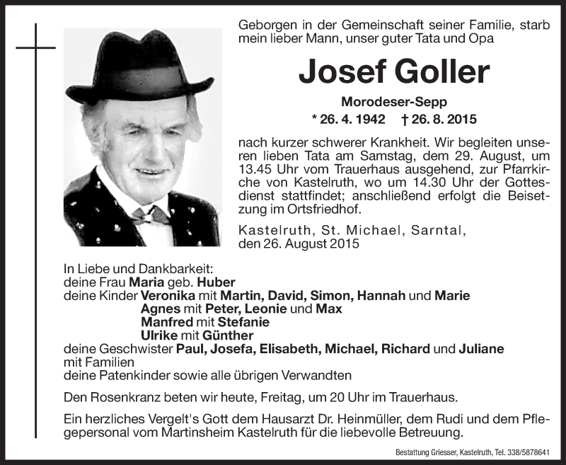 Traueranzeige für Josef Goller vom 28.08.2015 aus Dolomiten