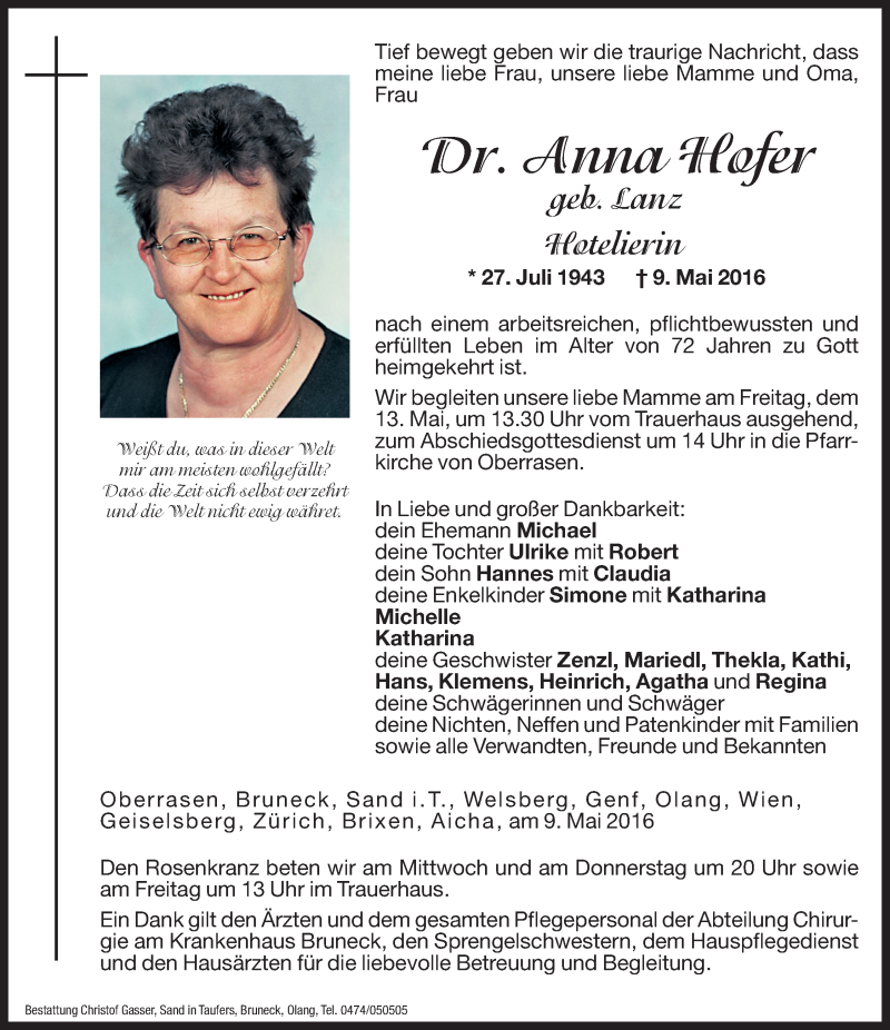  Traueranzeige für Anna Hofer vom 11.05.2016 aus Dolomiten