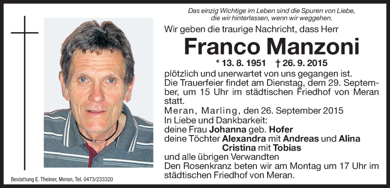  Traueranzeige für Franco Manzoni vom 28.09.2015 aus Dolomiten