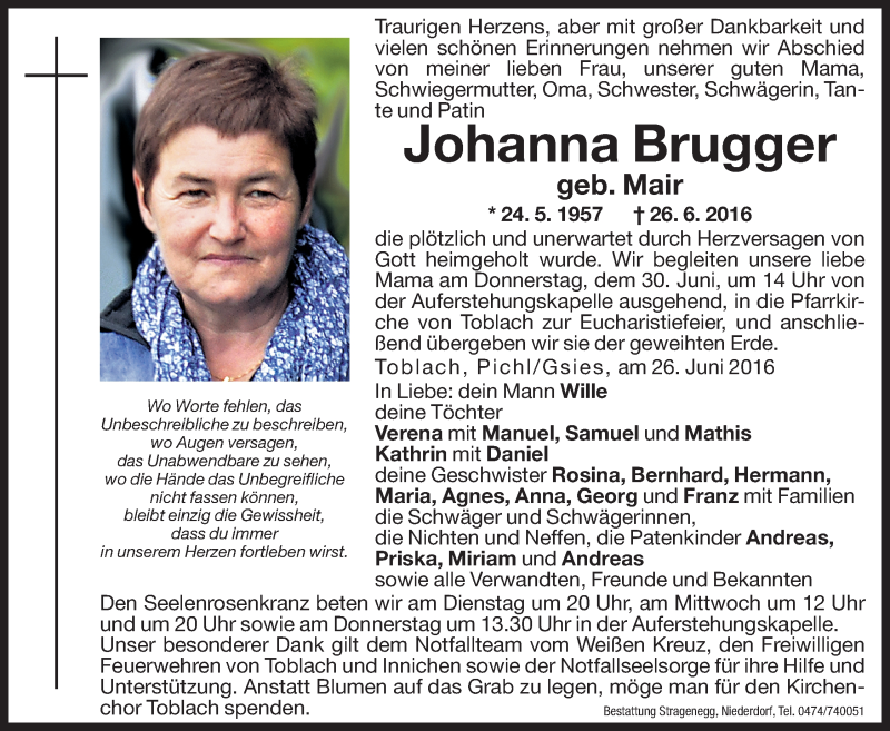  Traueranzeige für Johanna Brugger vom 28.06.2016 aus Dolomiten