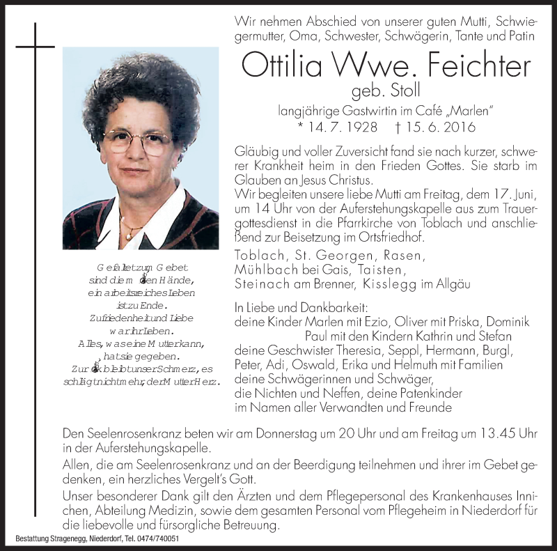  Traueranzeige für Ottilia Feichter vom 16.06.2016 aus Dolomiten