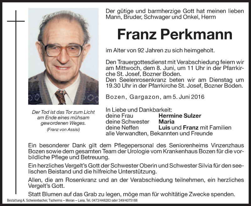 Traueranzeige für Franz Perkmann vom 07.06.2016 aus Dolomiten