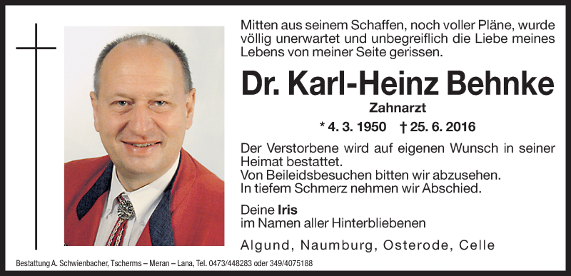  Traueranzeige für Karl-Heinz Behnke vom 28.06.2016 aus Dolomiten