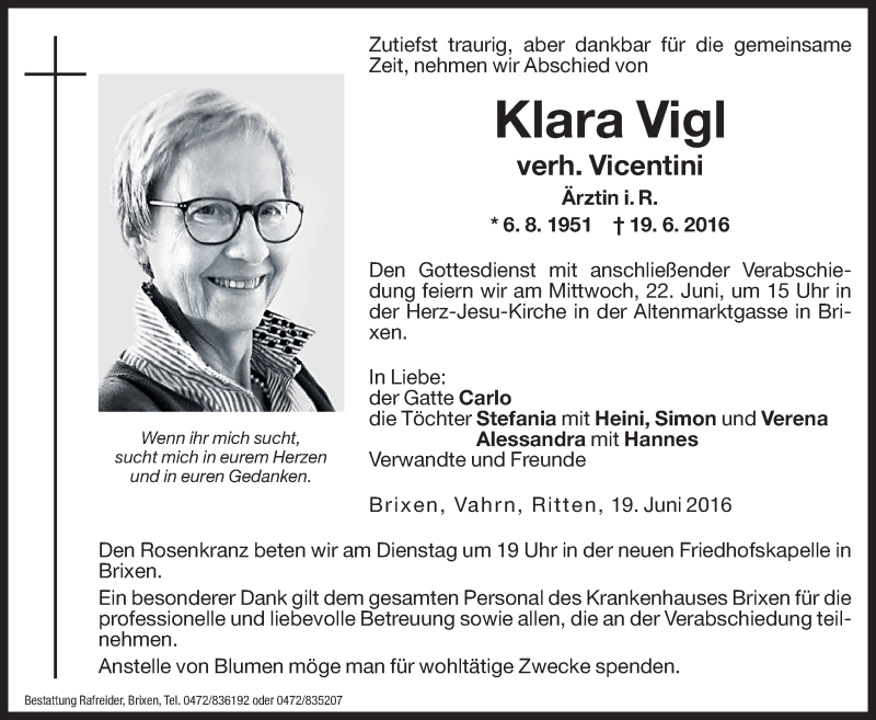  Traueranzeige für Klara Vicentini vom 21.06.2016 aus Dolomiten