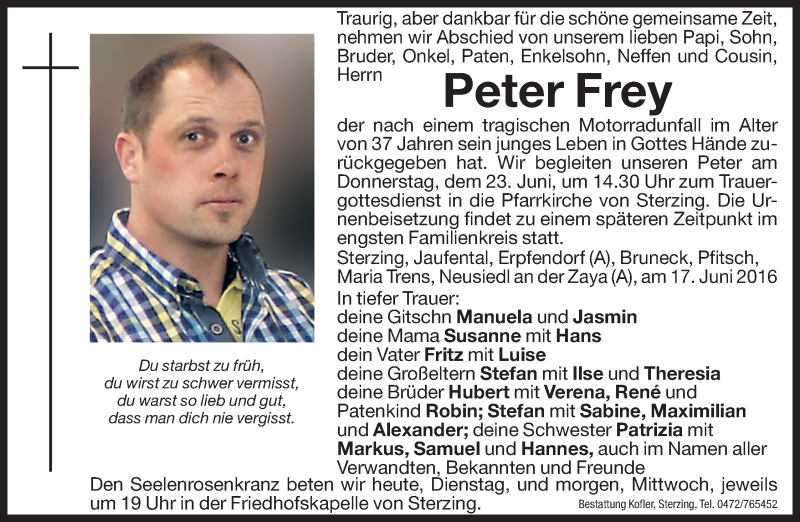  Traueranzeige für Peter Frey vom 21.06.2016 aus Dolomiten