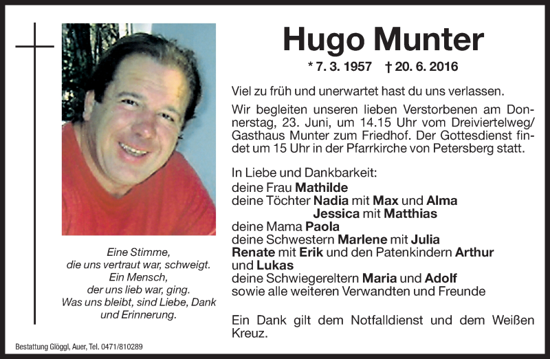  Traueranzeige für Hugo Munter vom 22.06.2016 aus Dolomiten