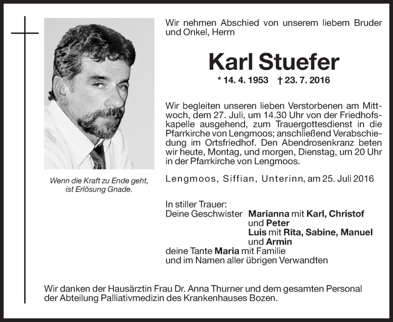  Traueranzeige für Karl Stuefer vom 25.07.2016 aus Dolomiten