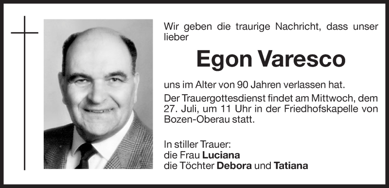  Traueranzeige für Egon Varesco vom 26.07.2016 aus Dolomiten