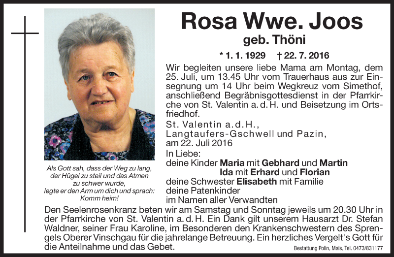  Traueranzeige für Rosa Joos vom 23.07.2016 aus Dolomiten