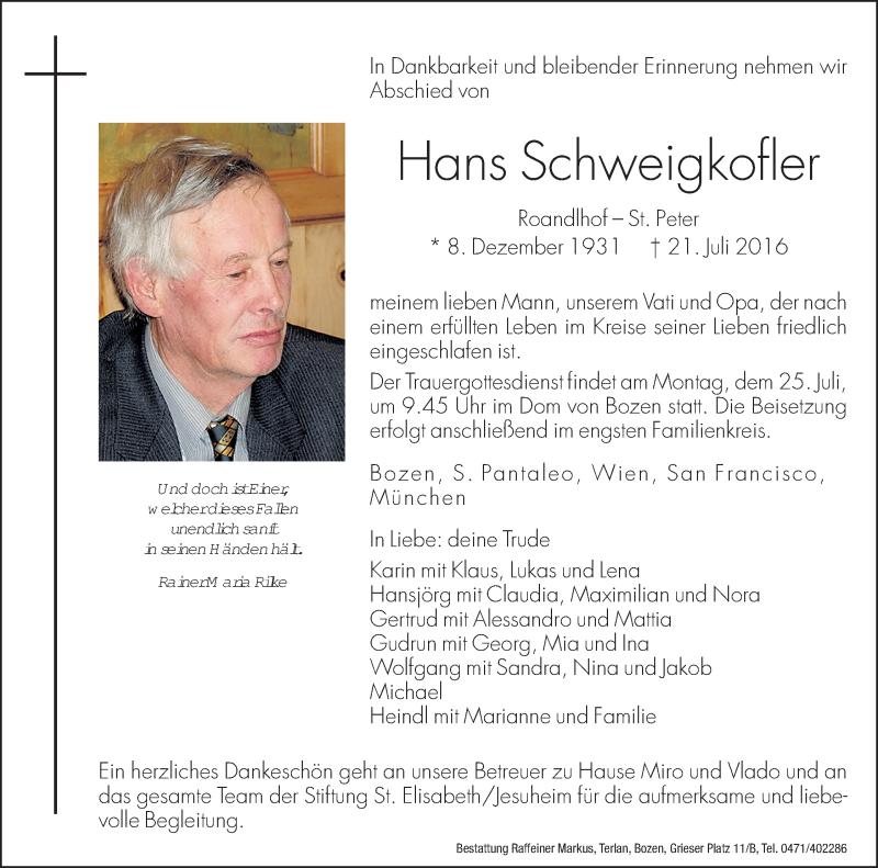  Traueranzeige für Hans Schweigkofler vom 23.07.2016 aus Dolomiten