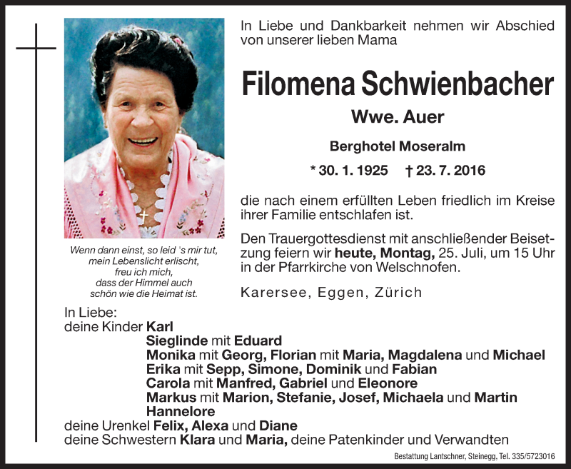  Traueranzeige für Filomena Auer vom 25.07.2016 aus Dolomiten