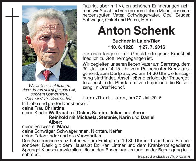  Traueranzeige für Anton Schenk vom 29.07.2016 aus Dolomiten