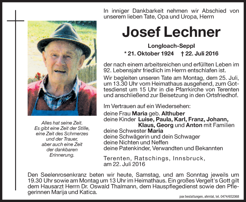  Traueranzeige für Josef Lechner vom 23.07.2016 aus Dolomiten