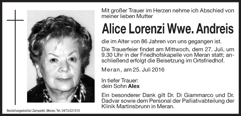  Traueranzeige für Alice Andreis vom 26.07.2016 aus Dolomiten