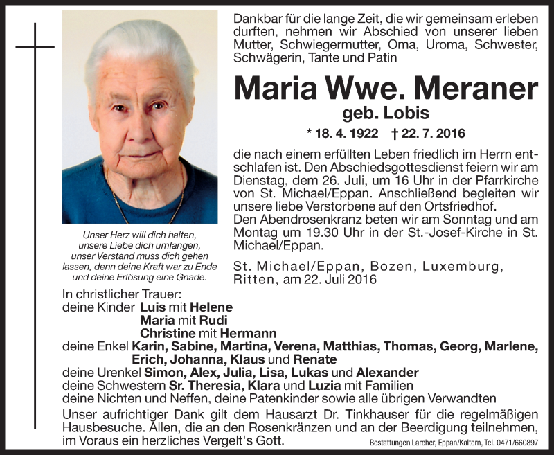  Traueranzeige für Maria Meraner vom 23.07.2016 aus Dolomiten