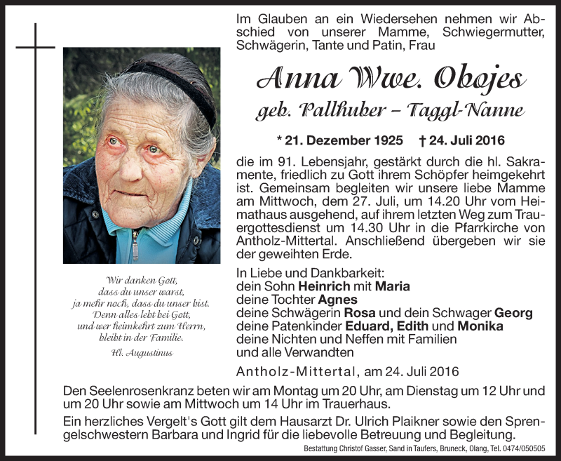  Traueranzeige für Anna Obojes vom 25.07.2016 aus Dolomiten