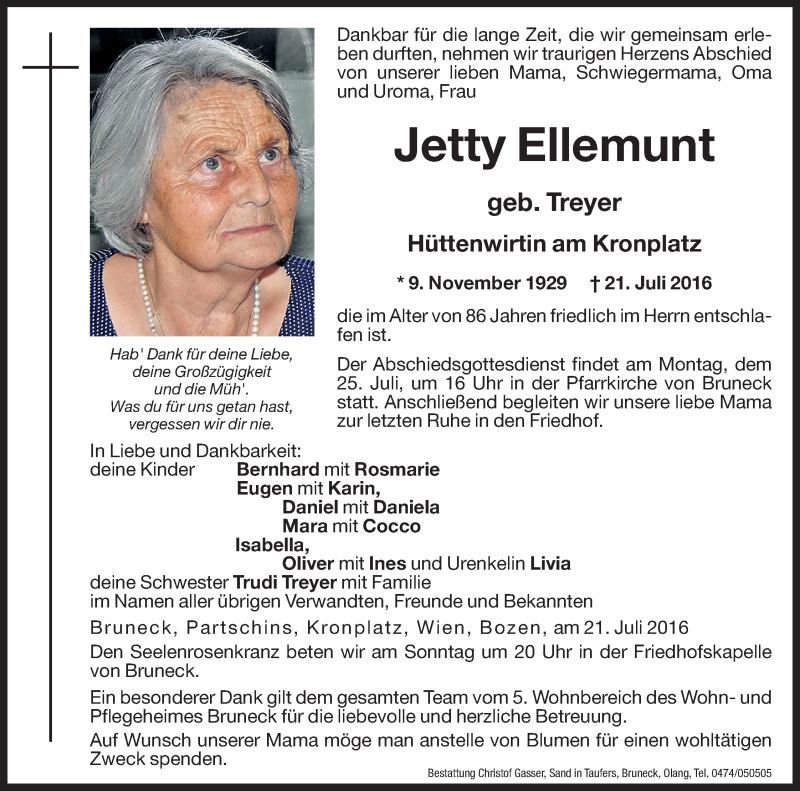  Traueranzeige für Jetty Ellemunt vom 23.07.2016 aus Dolomiten