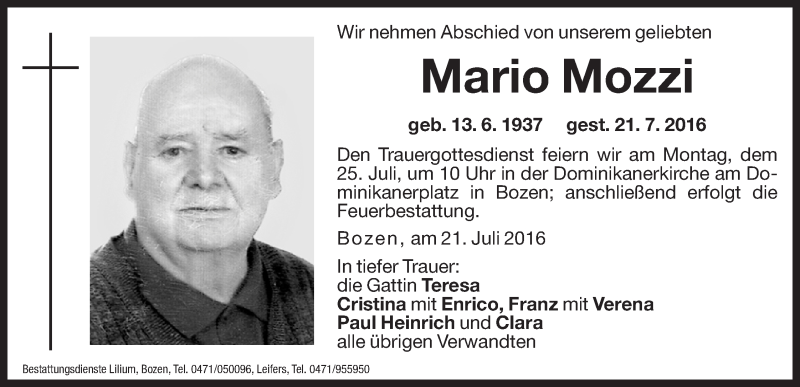  Traueranzeige für Mario Mozzi vom 23.07.2016 aus Dolomiten