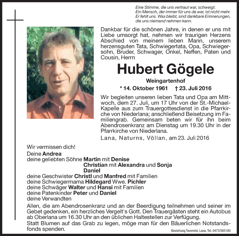  Traueranzeige für Hubert Gögele vom 26.07.2016 aus Dolomiten