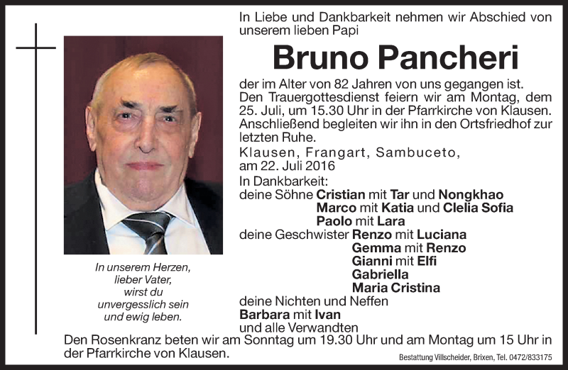  Traueranzeige für Bruno Pancheri vom 23.07.2016 aus Dolomiten