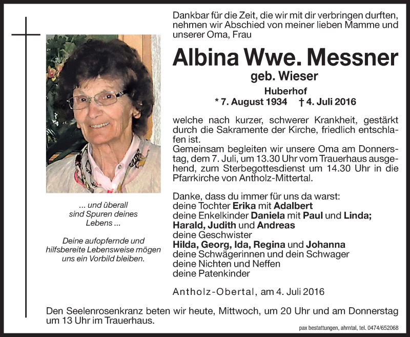  Traueranzeige für Albina Messner vom 06.07.2016 aus Dolomiten