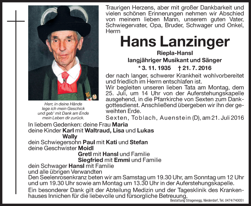  Traueranzeige für Hans Lanzinger vom 23.07.2016 aus Dolomiten