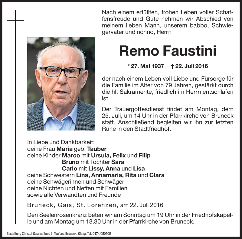  Traueranzeige für Remo Faustini vom 23.07.2016 aus Dolomiten