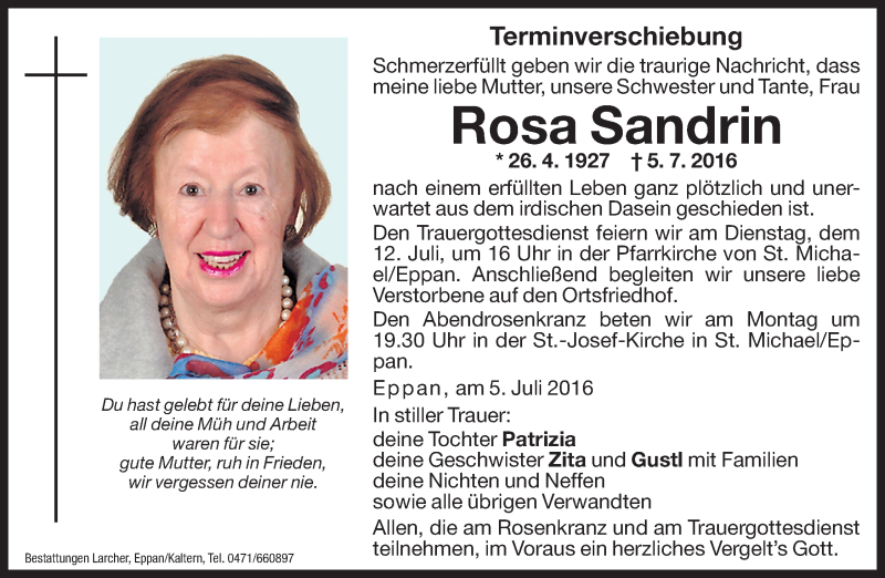  Traueranzeige für Rosa Sandrin vom 09.07.2016 aus Dolomiten