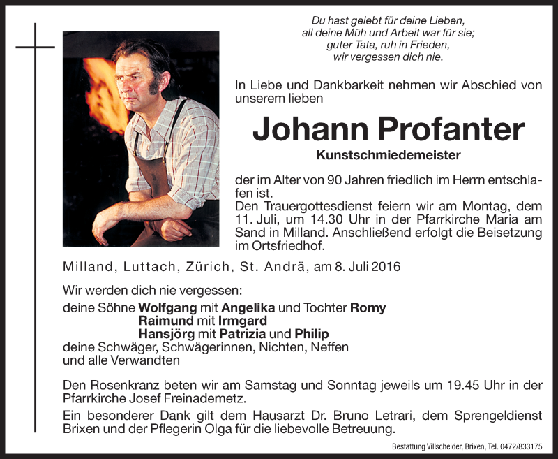  Traueranzeige für Johann Profanter vom 09.07.2016 aus Dolomiten
