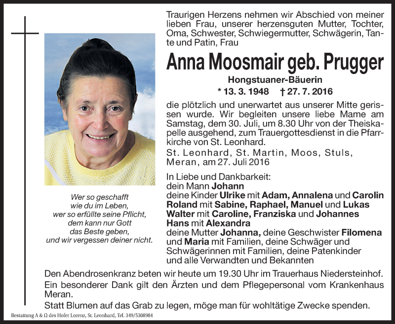  Traueranzeige für Anna Moosmair vom 29.07.2016 aus Dolomiten