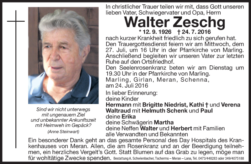 Traueranzeige für Walter Zeschg vom 26.07.2016 aus Dolomiten